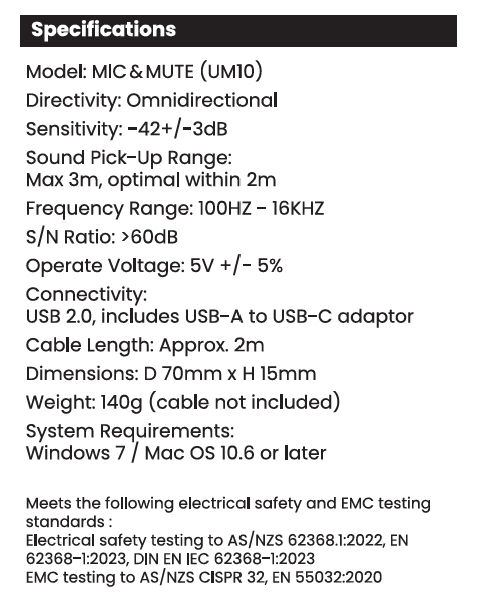 Mic&Mute by You're On Mute  – Compact USB Mute Button Microphone for Online Meetings Specifications