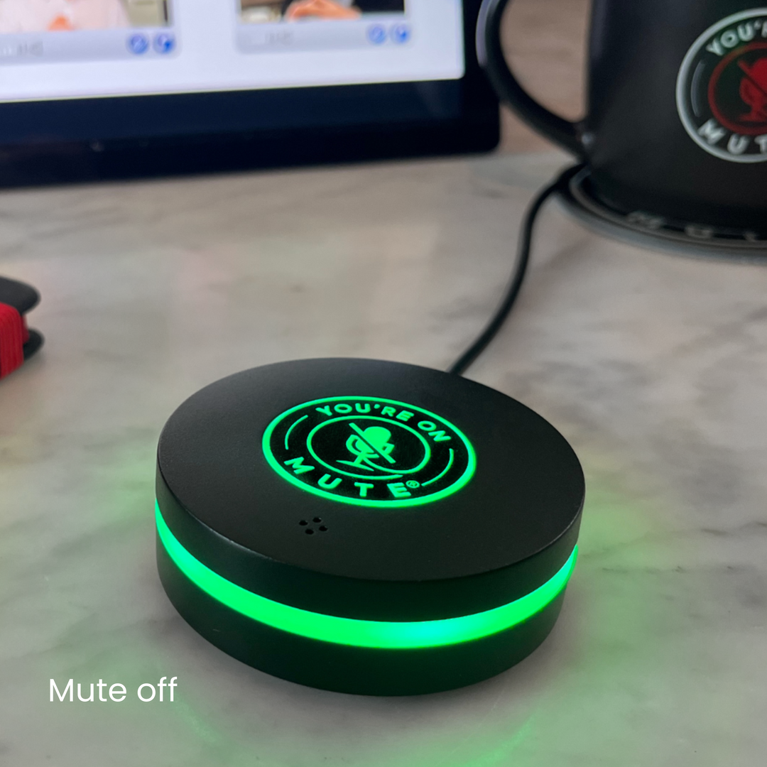 You're On Mute Puck – USB Microphone with Tap-to-Mute Button for Online Meetings mute off labelled