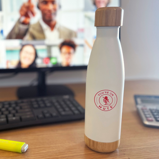 You're On Mute Double Wall Stainless Steel & Bamboo Flask_Insitu on desk