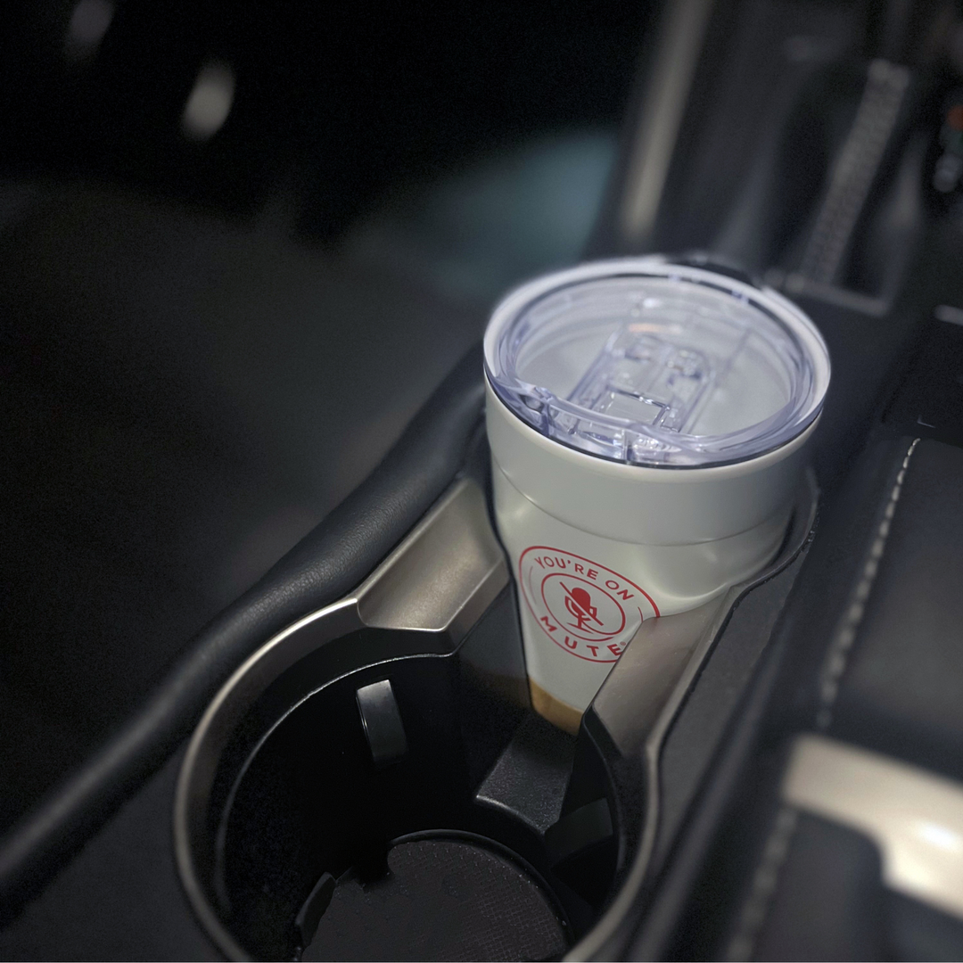 You're on Mute Double Wall Stainless Steel and Bamboo Cup fitting in car cup holder